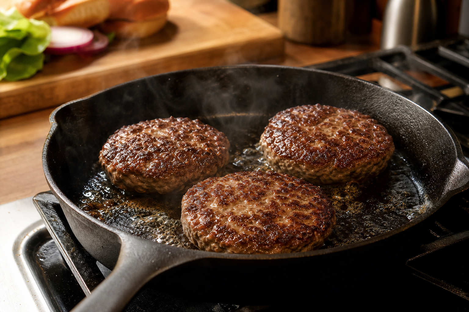Burger patties made from 80/20 ground beef cooking on a cast iron skillet