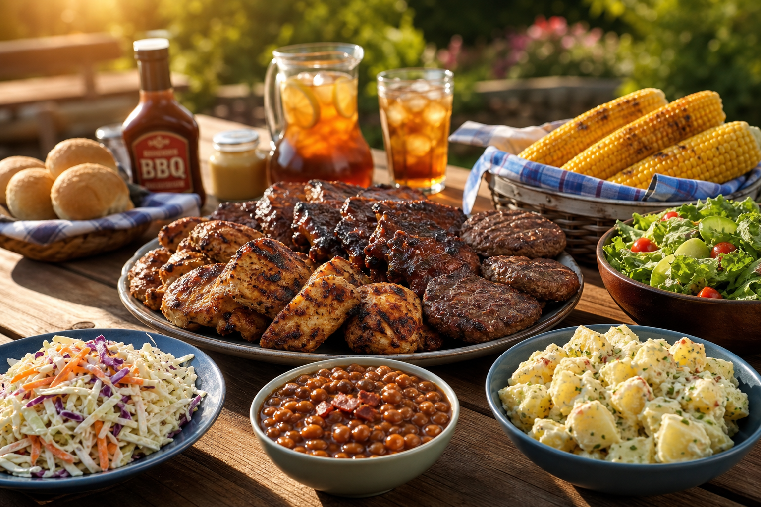 How Much Meat Per Person for a BBQ: Complete Guide 9 Complete BBQ meal with grilled meats and multiple side dishes on outdoor picnic table
