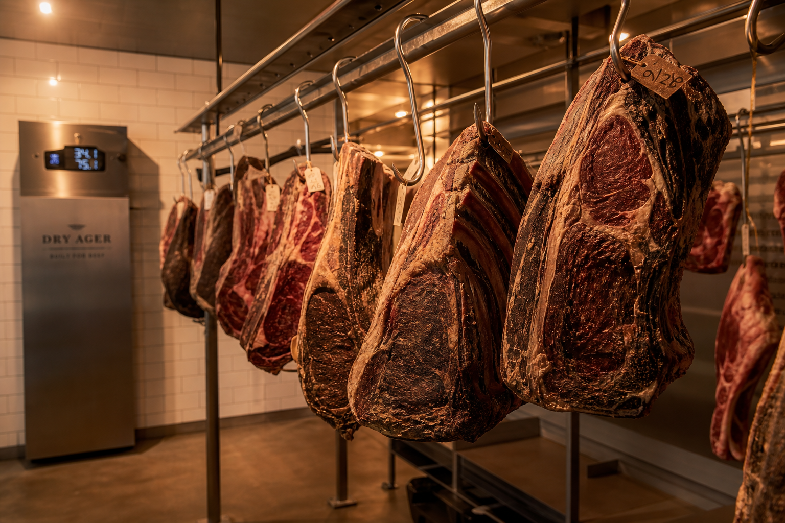 Beef cuts dry-aging in a professional temperature-controlled aging room