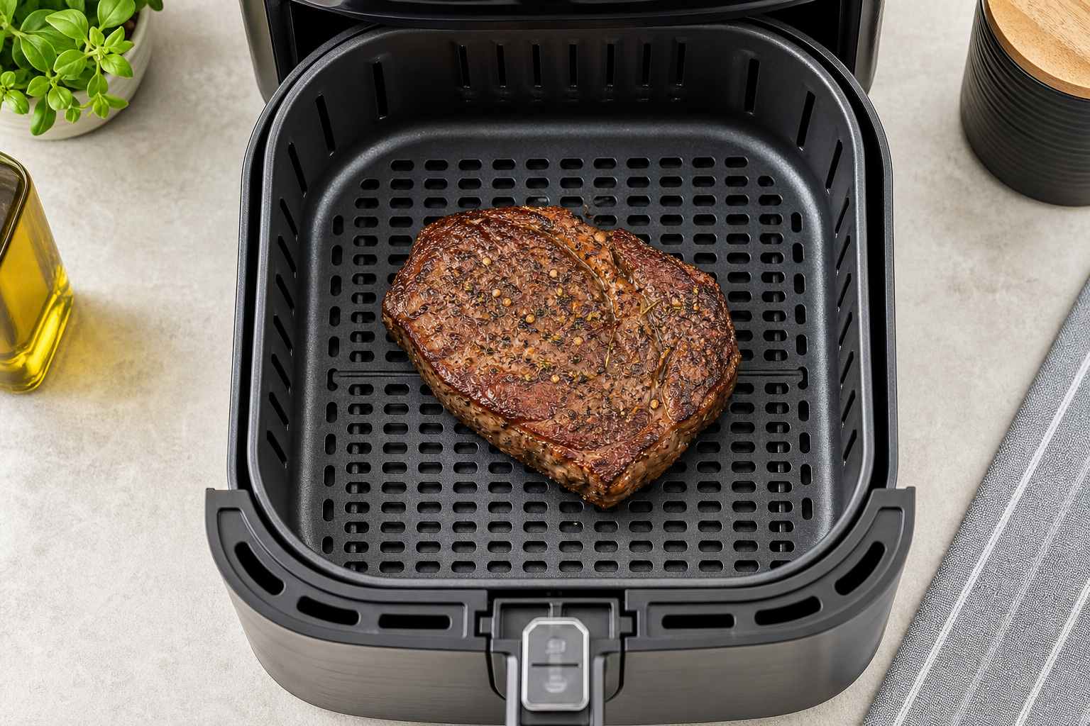How to Reheat Steak Without Drying It Out 11 Steak placed in air fryer basket ready for reheating