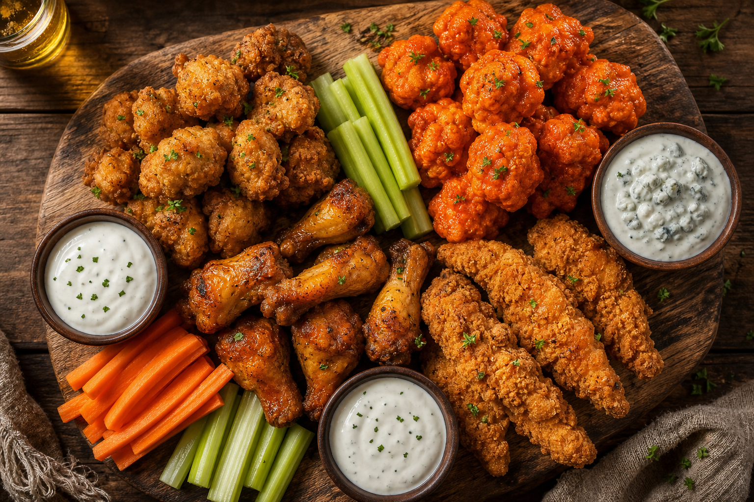 Assorted chicken wing alternatives including boneless bites and cauliflower wings on wooden board