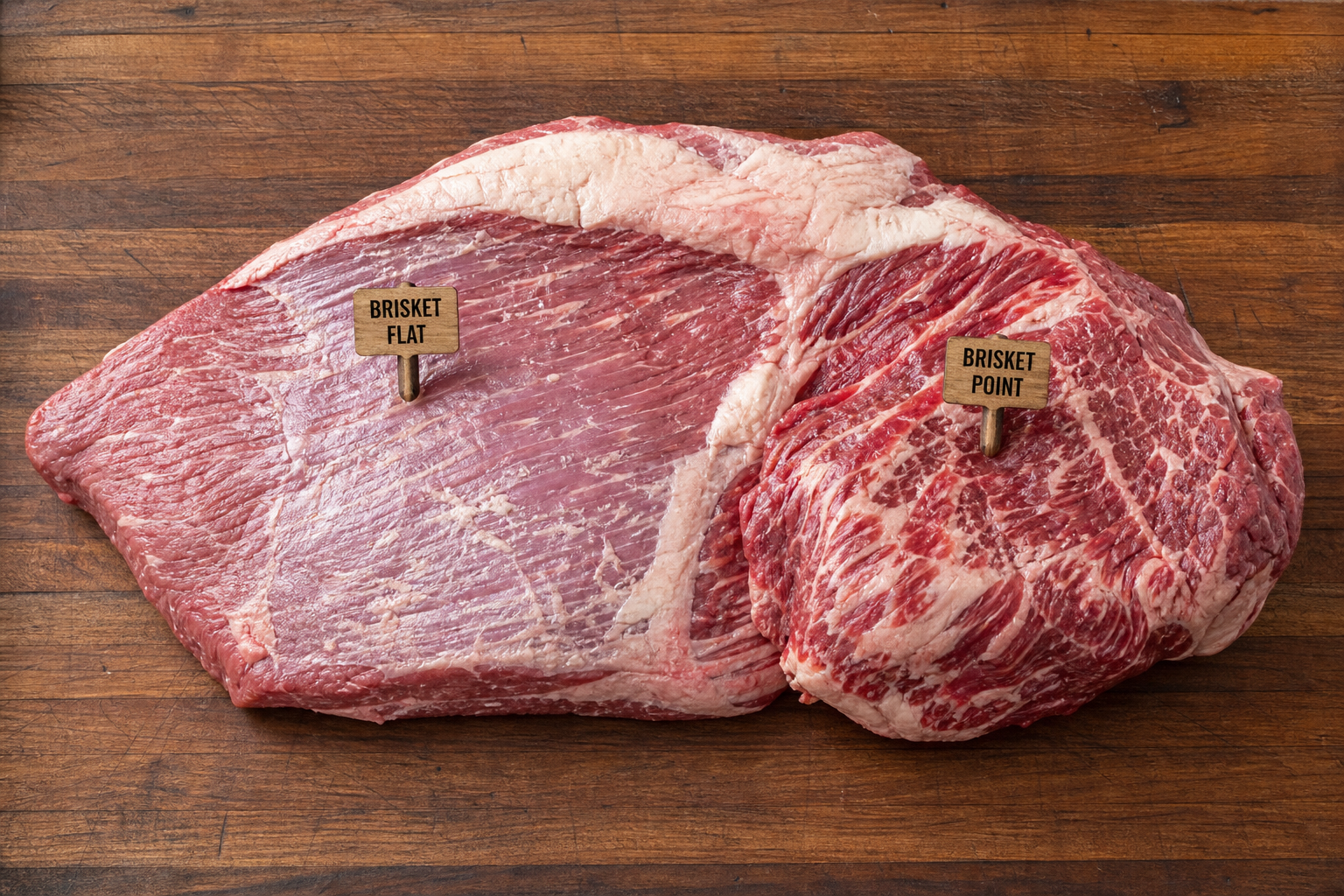 Brisket Flat vs Whole Packer: Which Should You Smoke? 6 Whole packer brisket showing the flat and point sections on a wooden cutting board