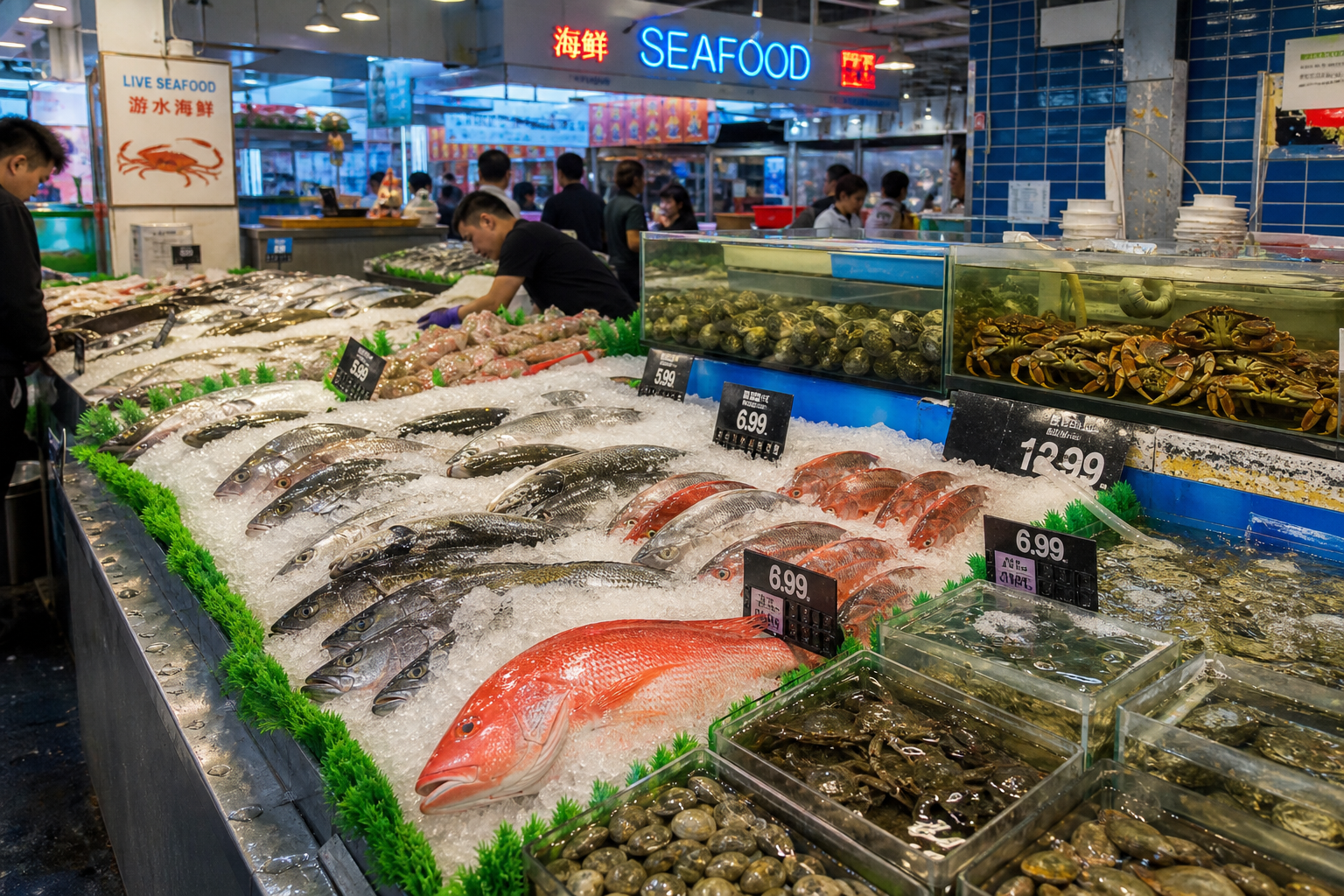 Fresh seafood display at an Asian grocery store with whole fish on ice and live seafood tanks