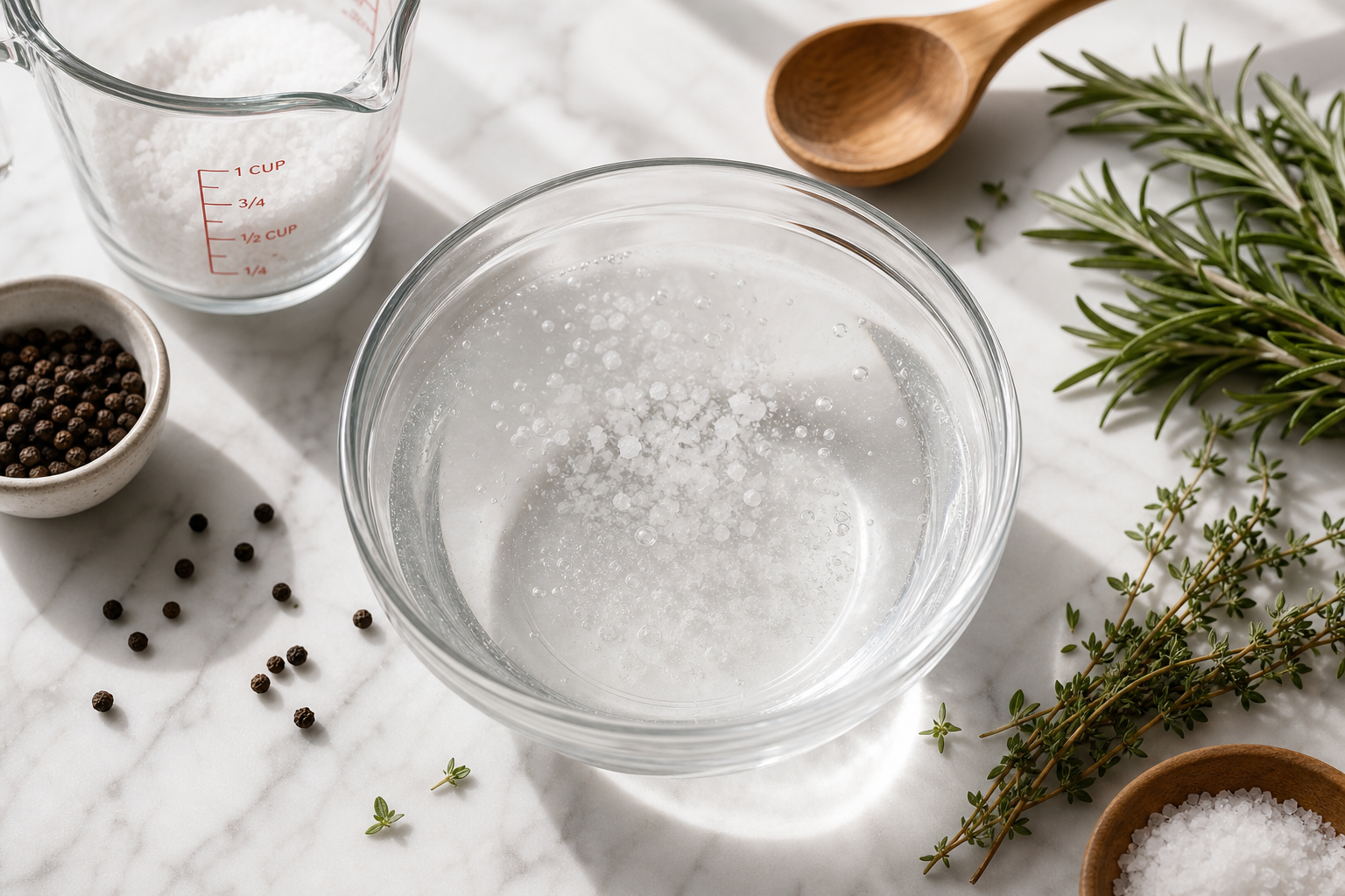 Glass bowl with brine solution, salt, and herbs on marble counter