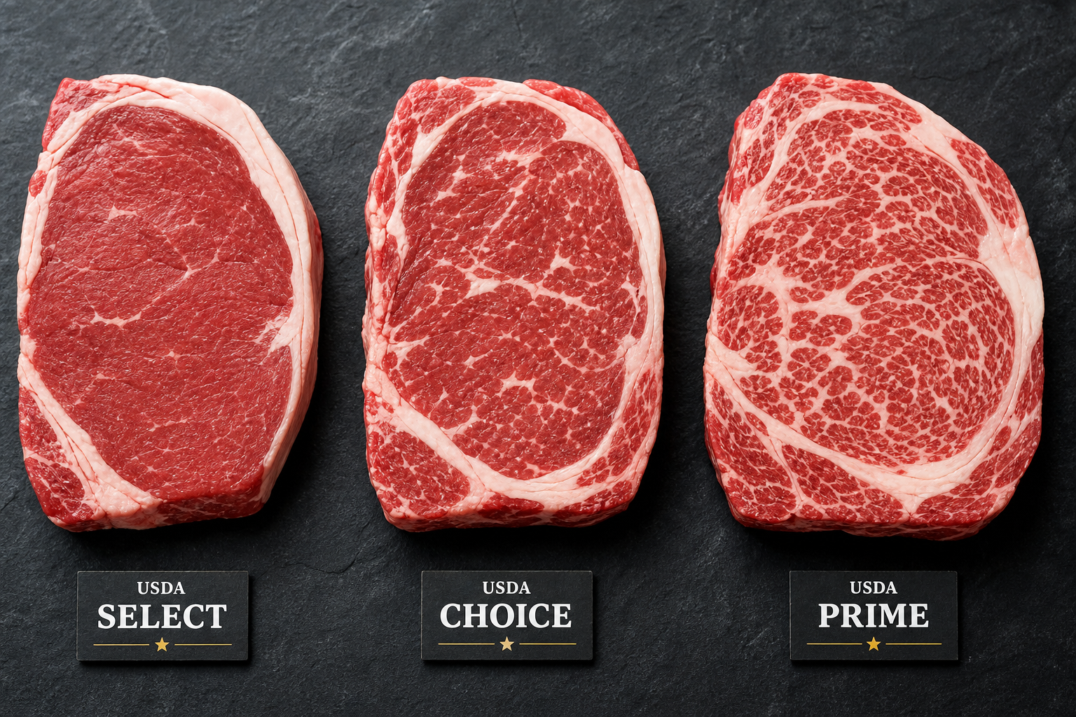 Walmart vs Costco Meat Prices: Which Store Saves You More Money? 6 Three beef steaks showing different USDA grading levels with varying marbling