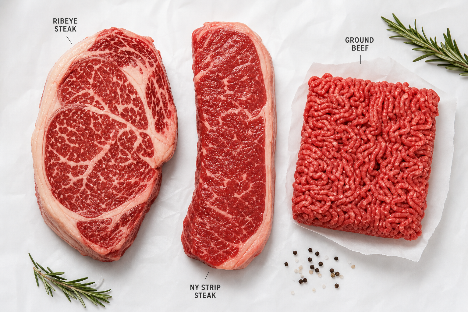 Assorted premium raw beef cuts including ribeye and strip steaks displayed on butcher paper