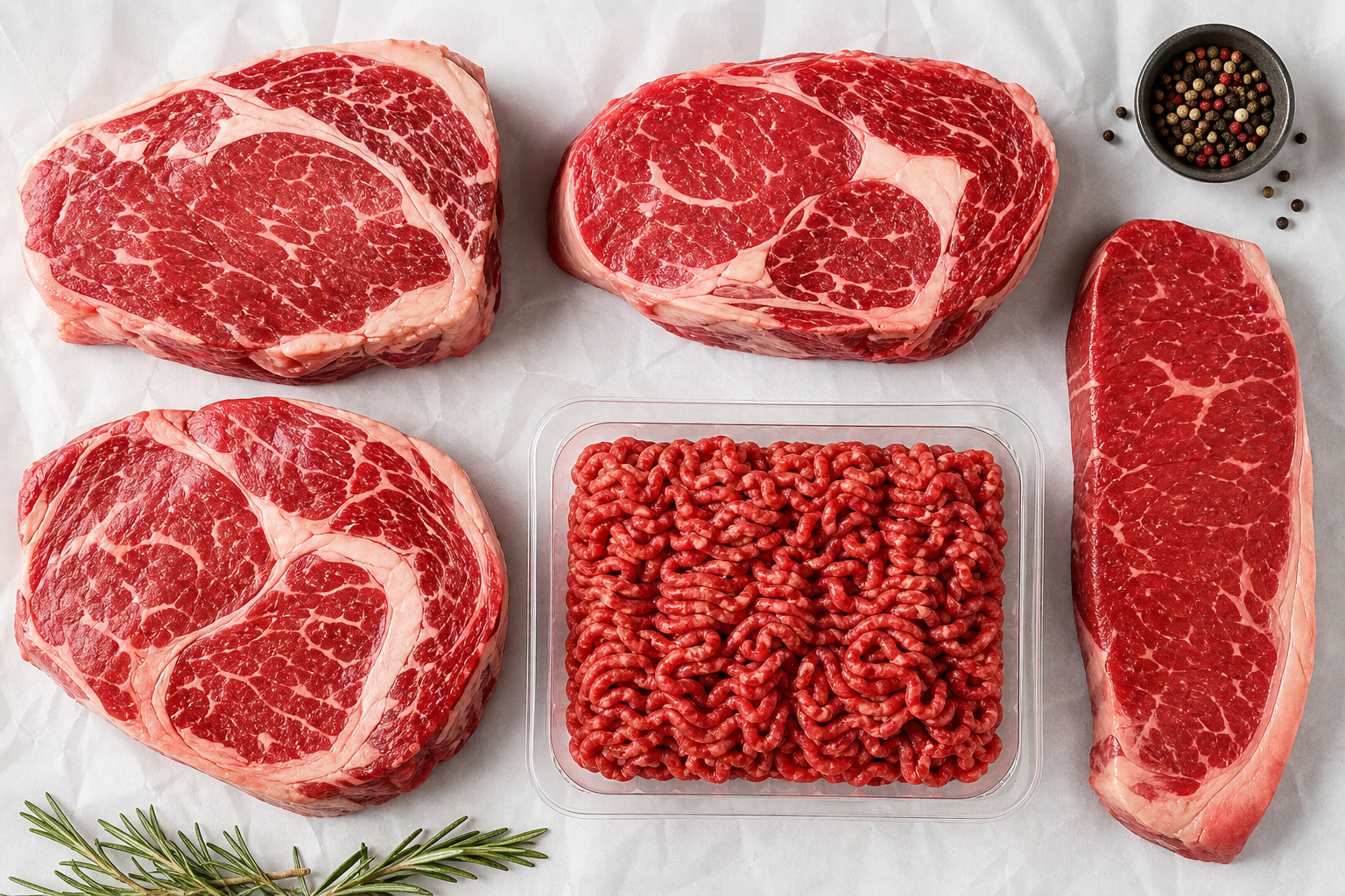 Aldi Meat Quality Review: Is It Worth Buying in? 6 Fresh raw beef cuts including steaks and ground beef displayed on white butcher paper
