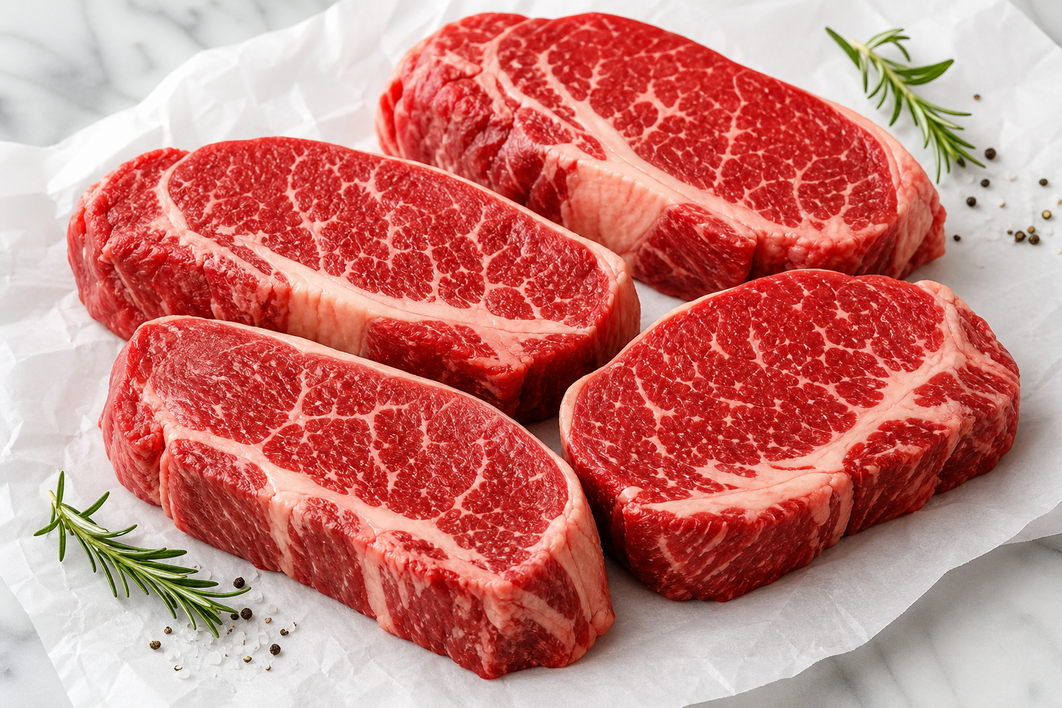 Fresh raw beef steaks showing bright red color and marbling on white butcher paper