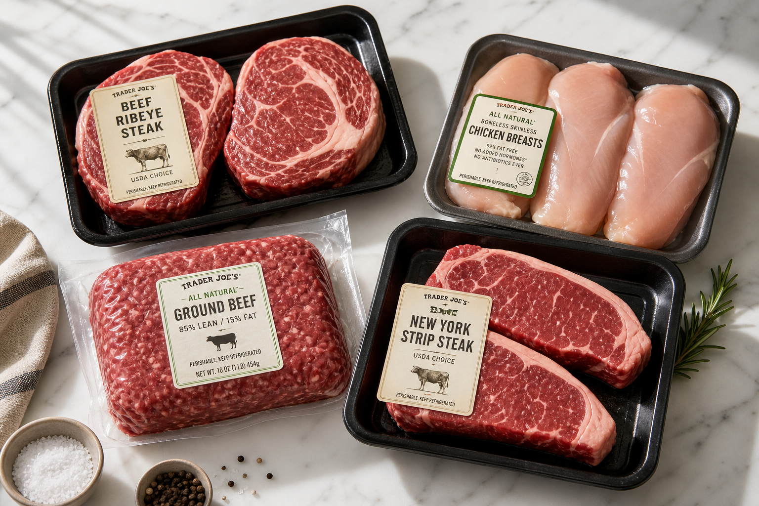 Assortment of high-quality fresh meat products arranged on marble counter