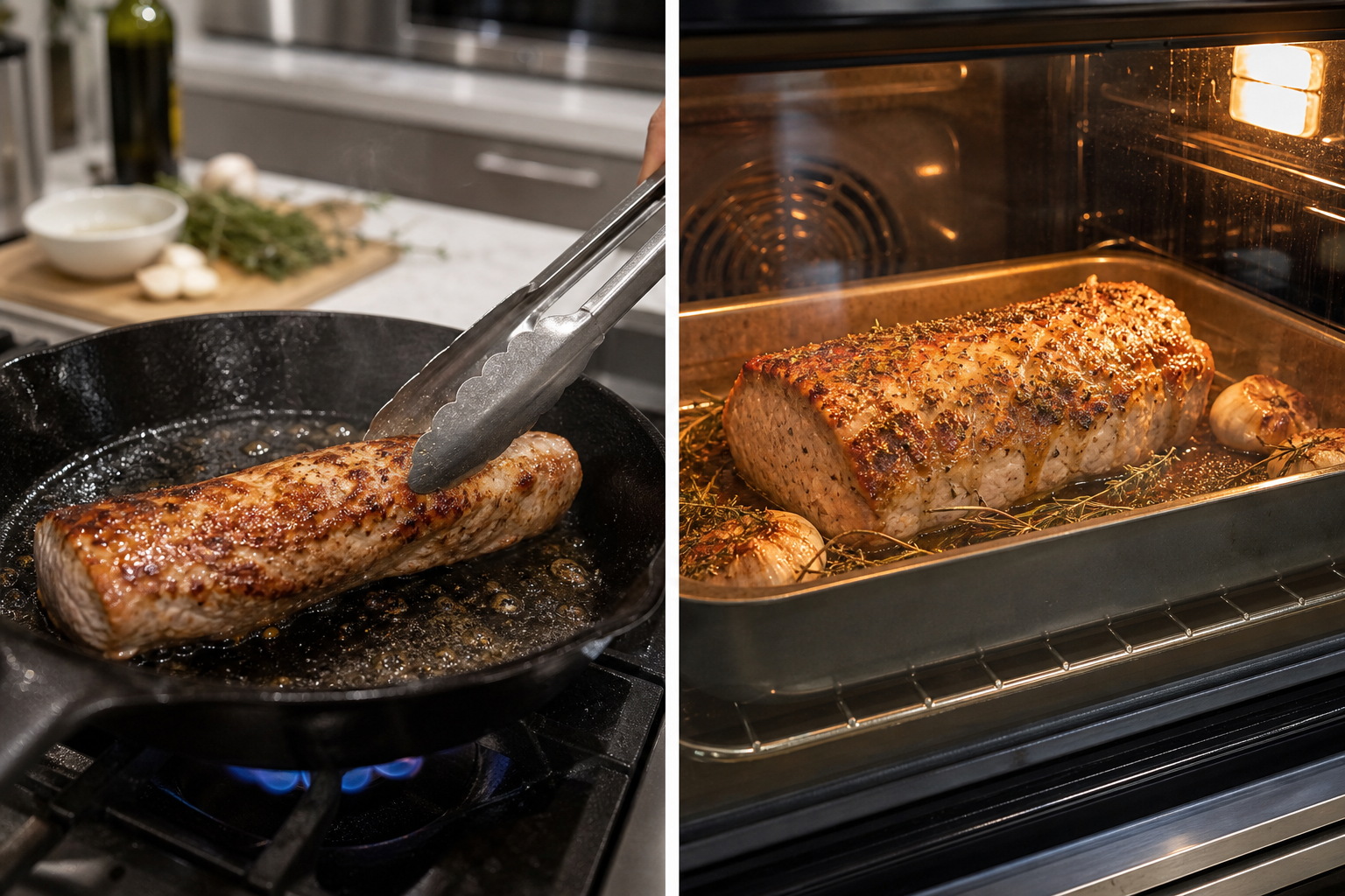 Comparison of cooking methods: pork tenderloin in skillet and pork loin roasting in oven