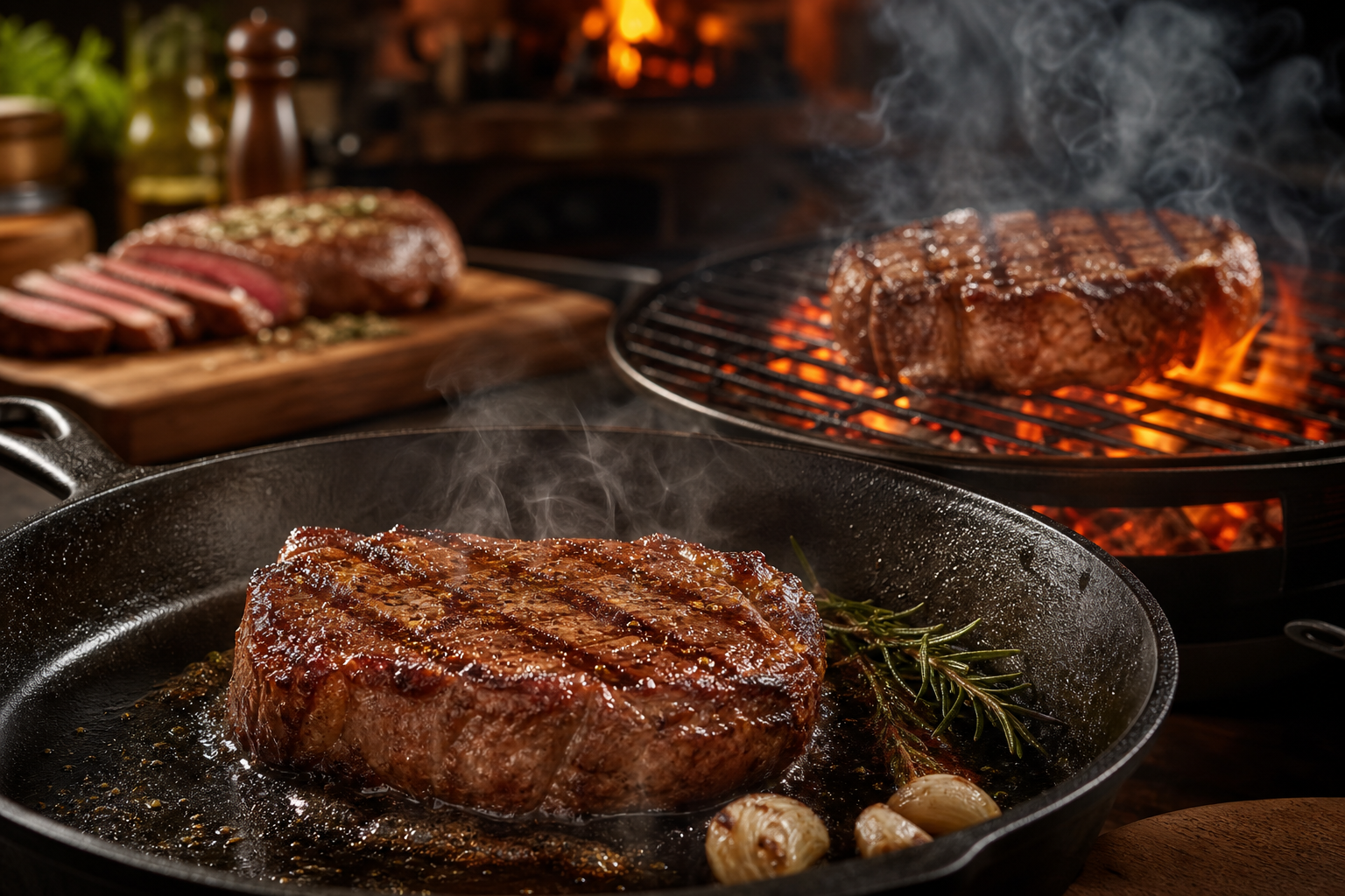 Ribeye vs New York Strip: Fat, Tenderness & Price Compared 7 Steaks being cooked using different methods including cast iron skillet and charcoal grill
