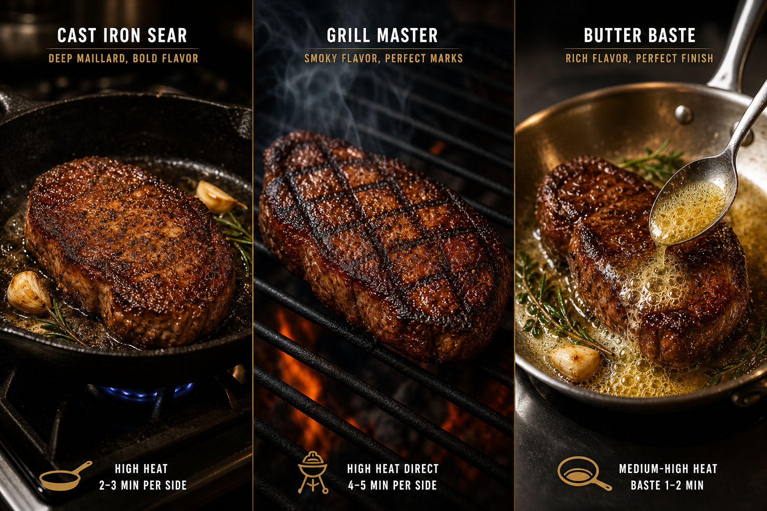 Three different cooking methods for dry-brined steak including pan-searing, grilling, and butter-basting