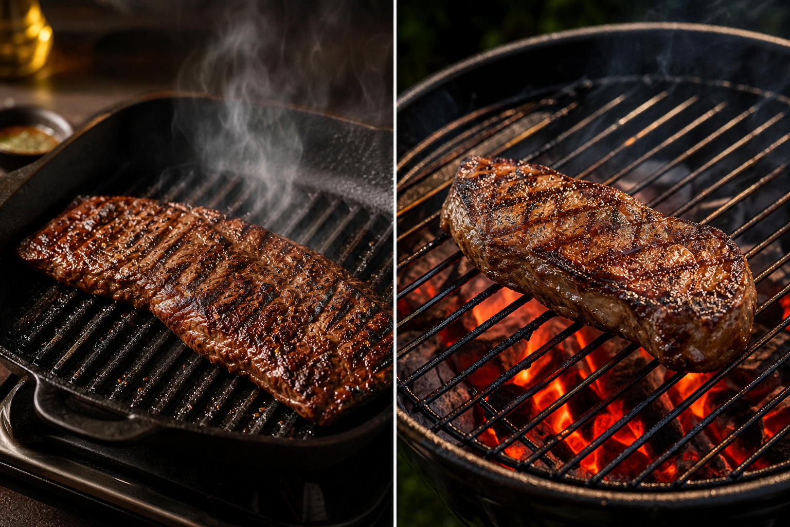 Flank and skirt steaks being grilled using different high-heat cooking methods