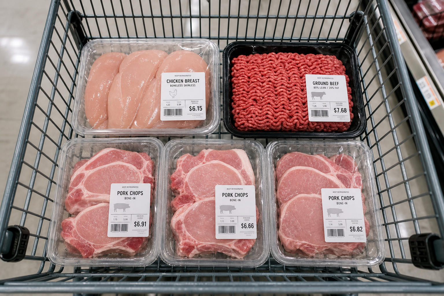 Best Walmart Meat Deals: How to Save on Chicken, Beef & Pork 6 Shopping cart filled with various packaged meat products at Walmart