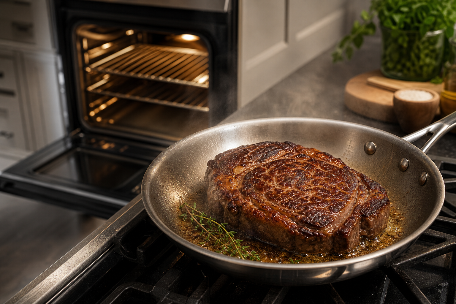 How to Reheat Steak Without Drying It Out 8 Steak being seared in a hot skillet with oven visible in background