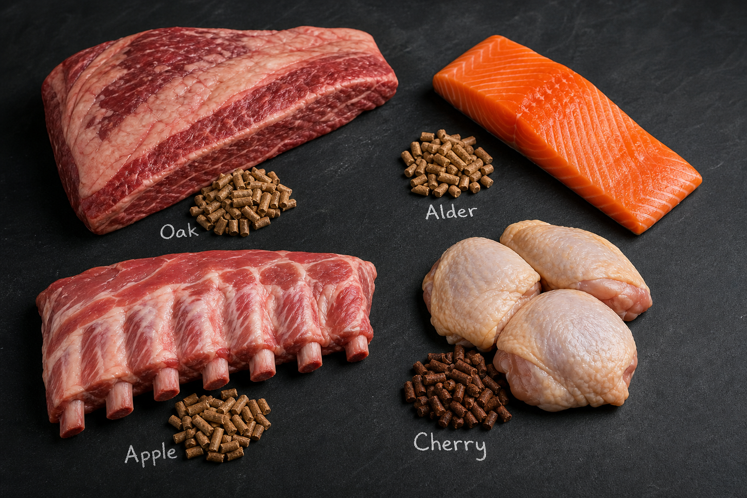 Best Wood Pellets for Smoking: Flavor Guide for Every Meat 8 Different raw meats paired with their recommended wood pellet types for smoking