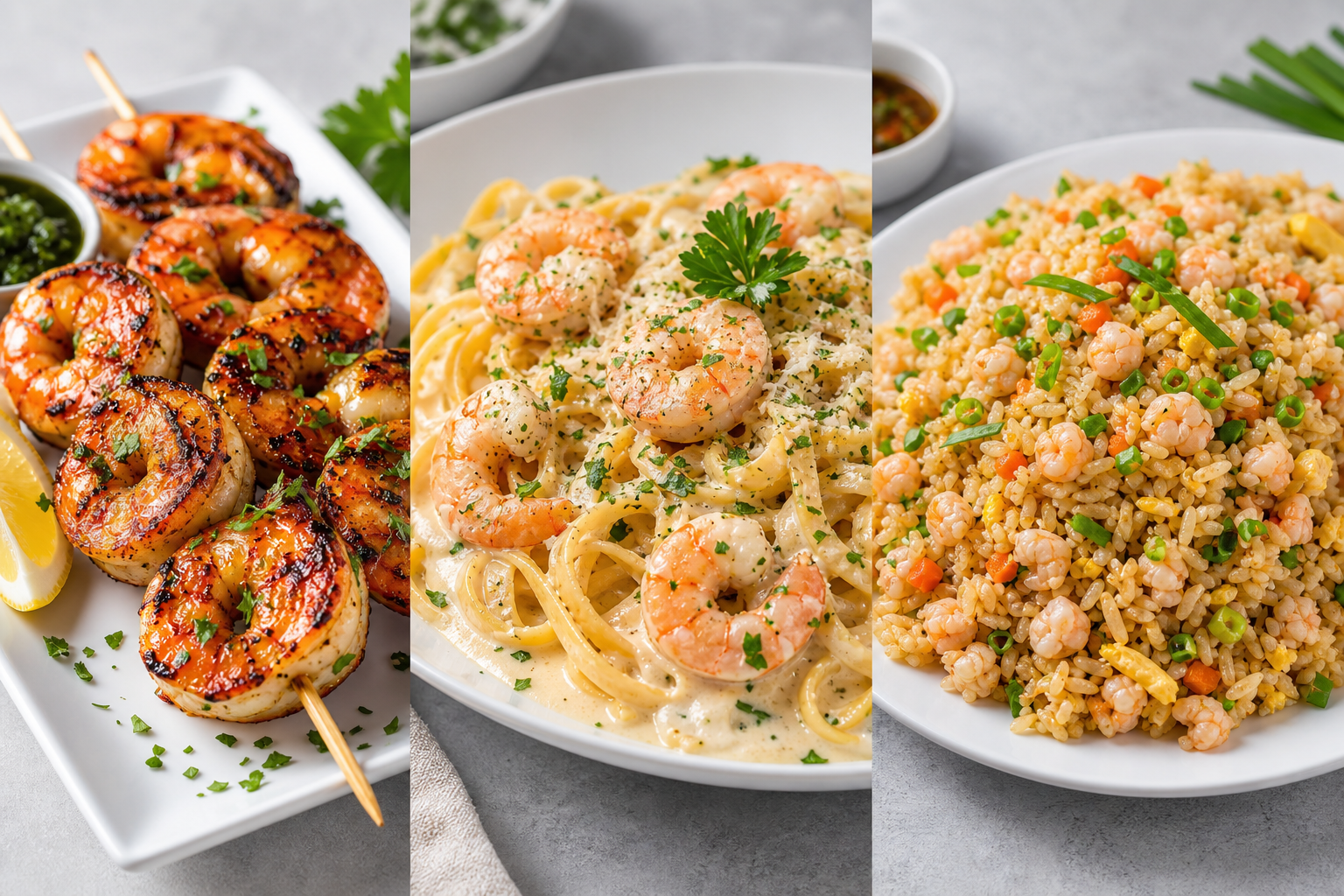 Three different shrimp dishes showing appropriate shrimp sizes for grilling, pasta, and fried rice