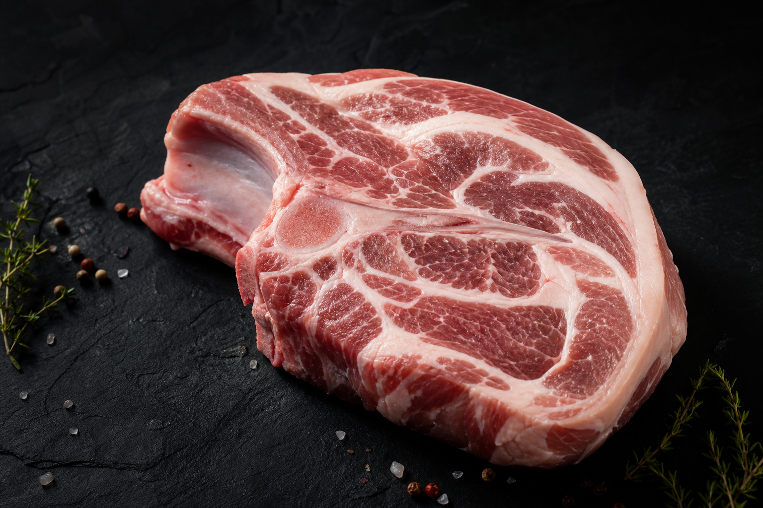 Raw blade chop pork cut with visible blade bone and marbling on dark slate
