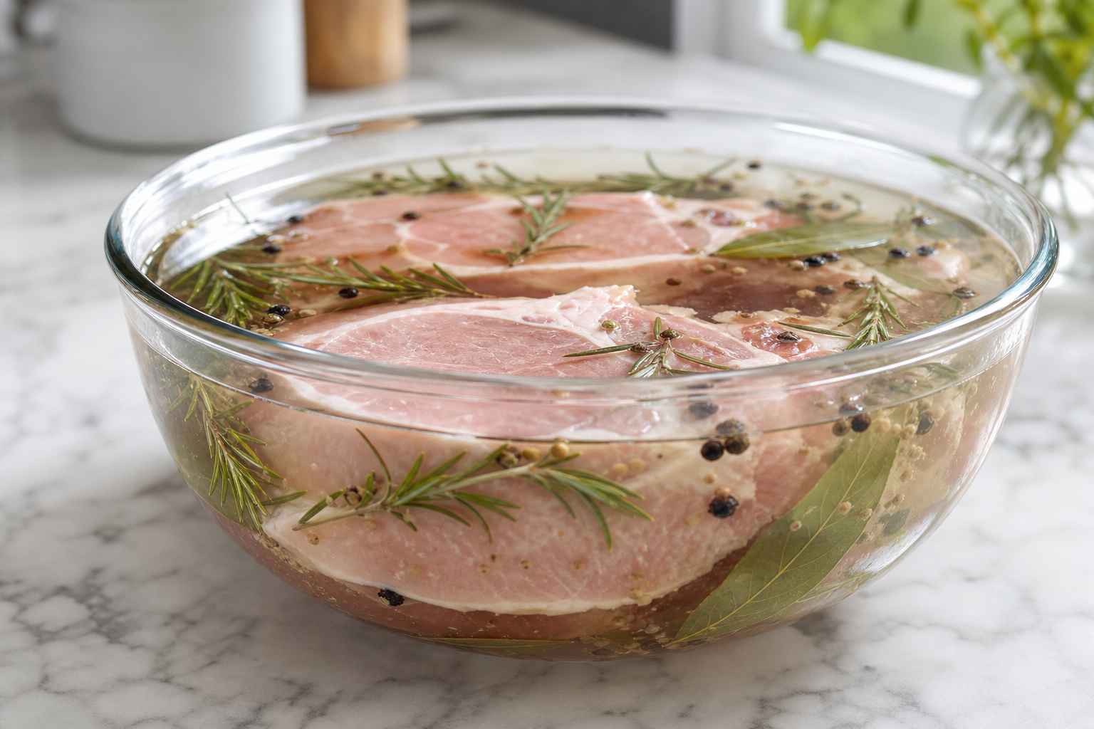 Pork chops brining in a glass bowl with herbs and spices