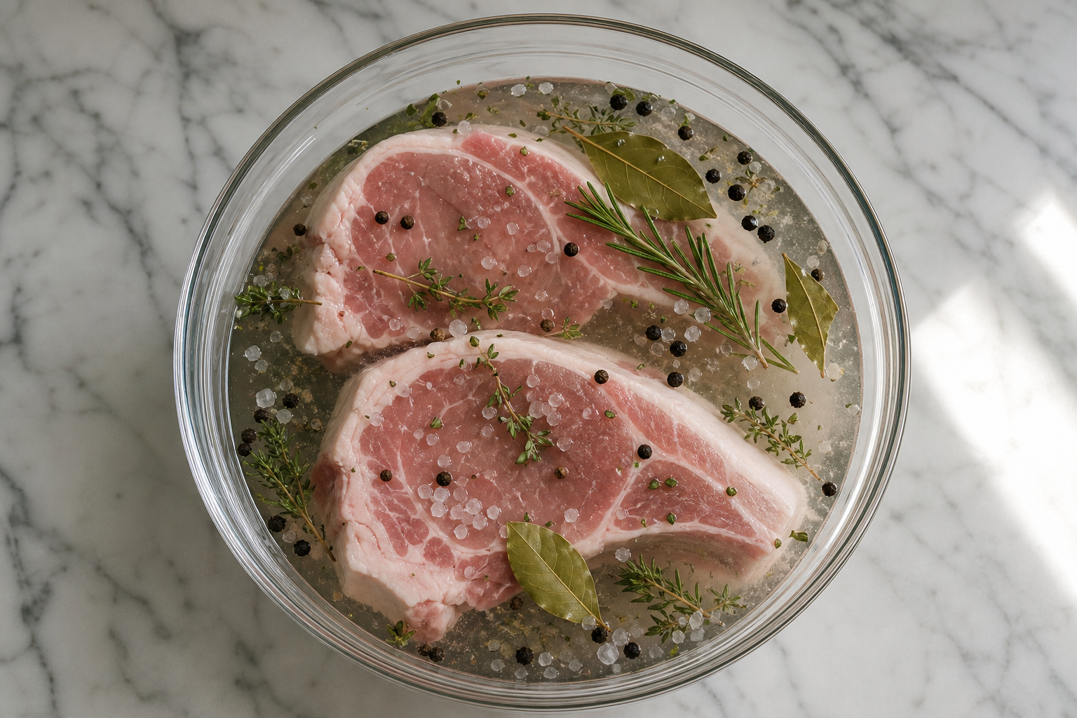 Raw pork chops submerged in brine solution with herbs in glass bowl