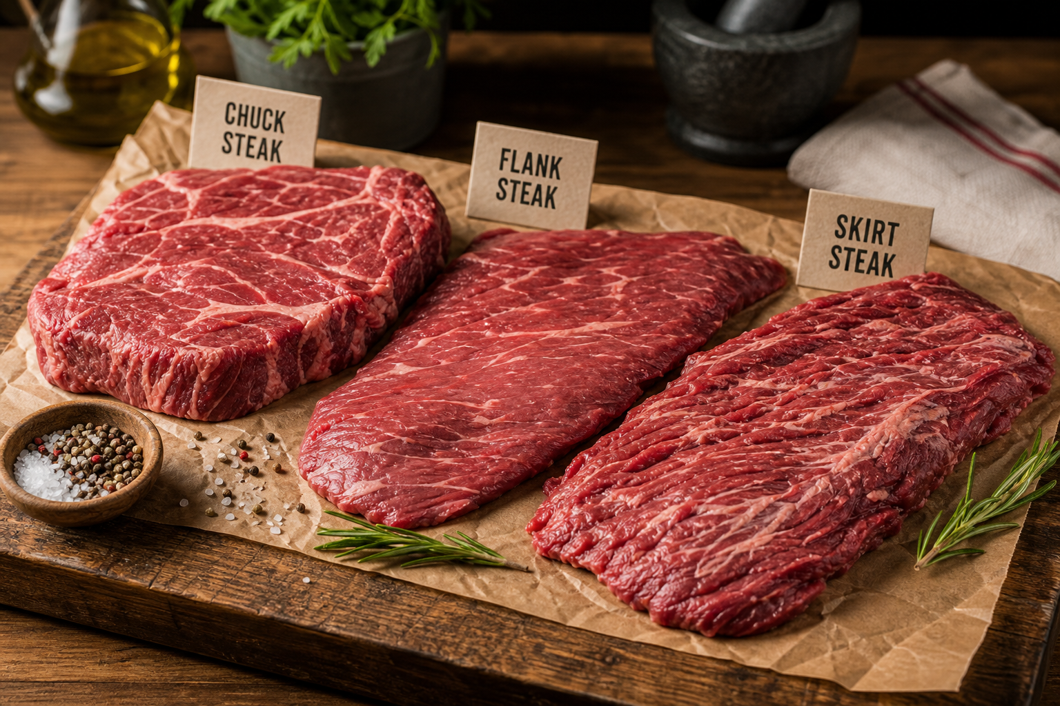 15 Steak Cuts Ranked by Price: Budget to Premium Guide 5 Budget-friendly beef cuts including chuck, flank, and skirt steak on wooden cutting board