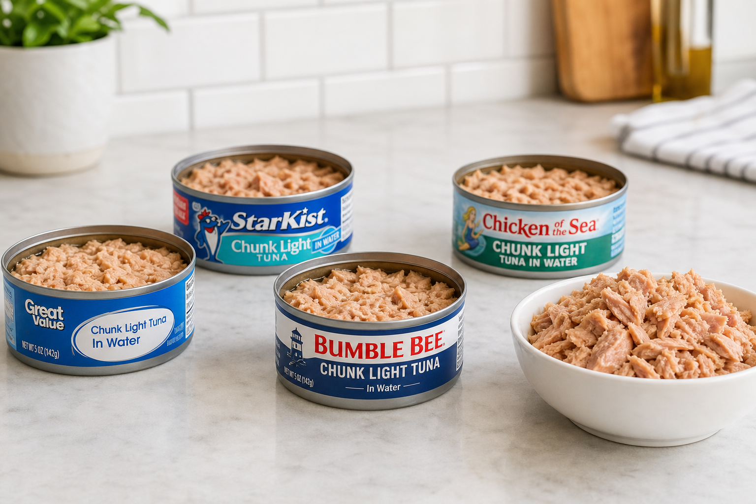 Budget-friendly canned tuna products displayed on a kitchen counter with opened cans showing chunk light tuna