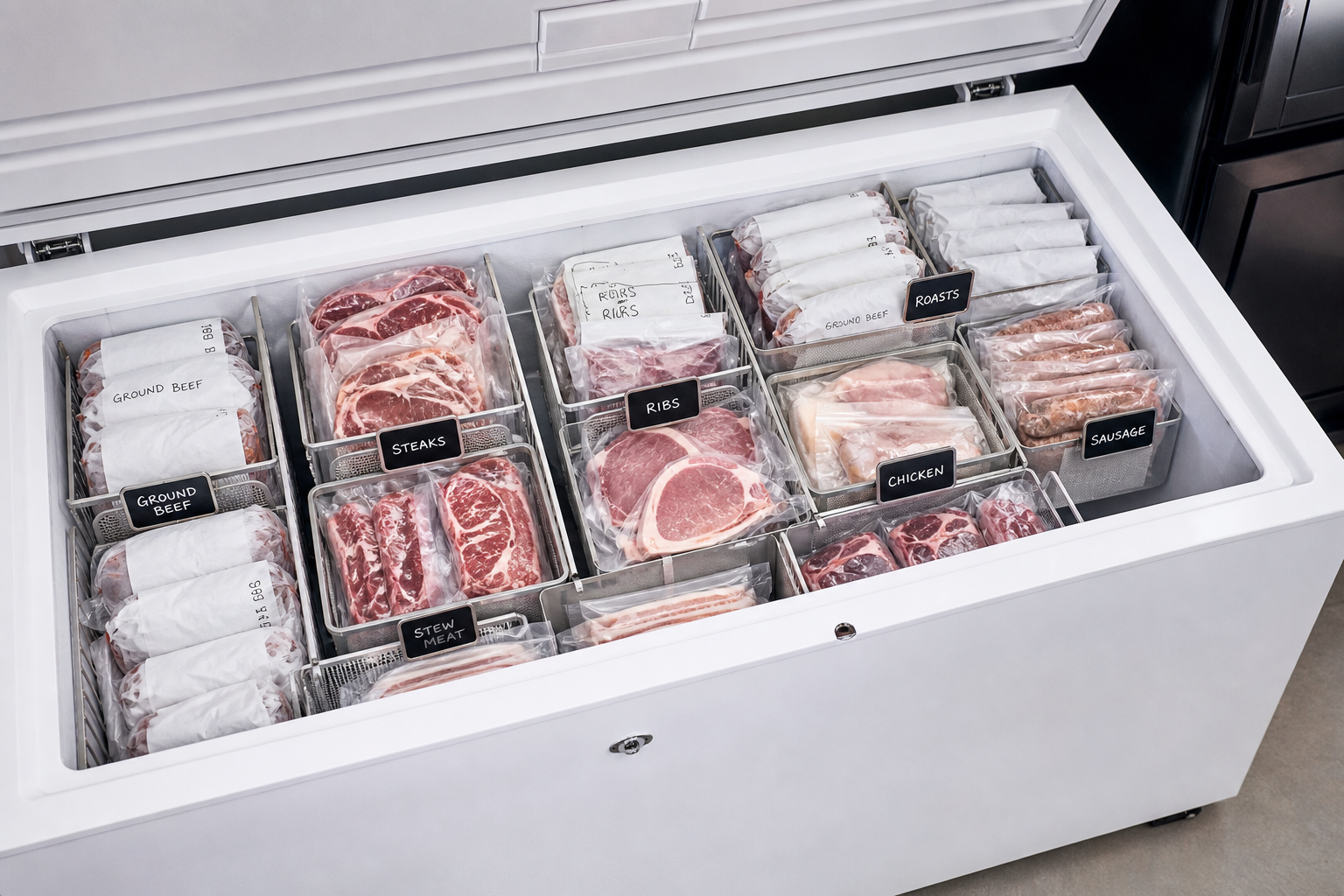 Well-organized freezer filled with neatly stored and labeled meat packages