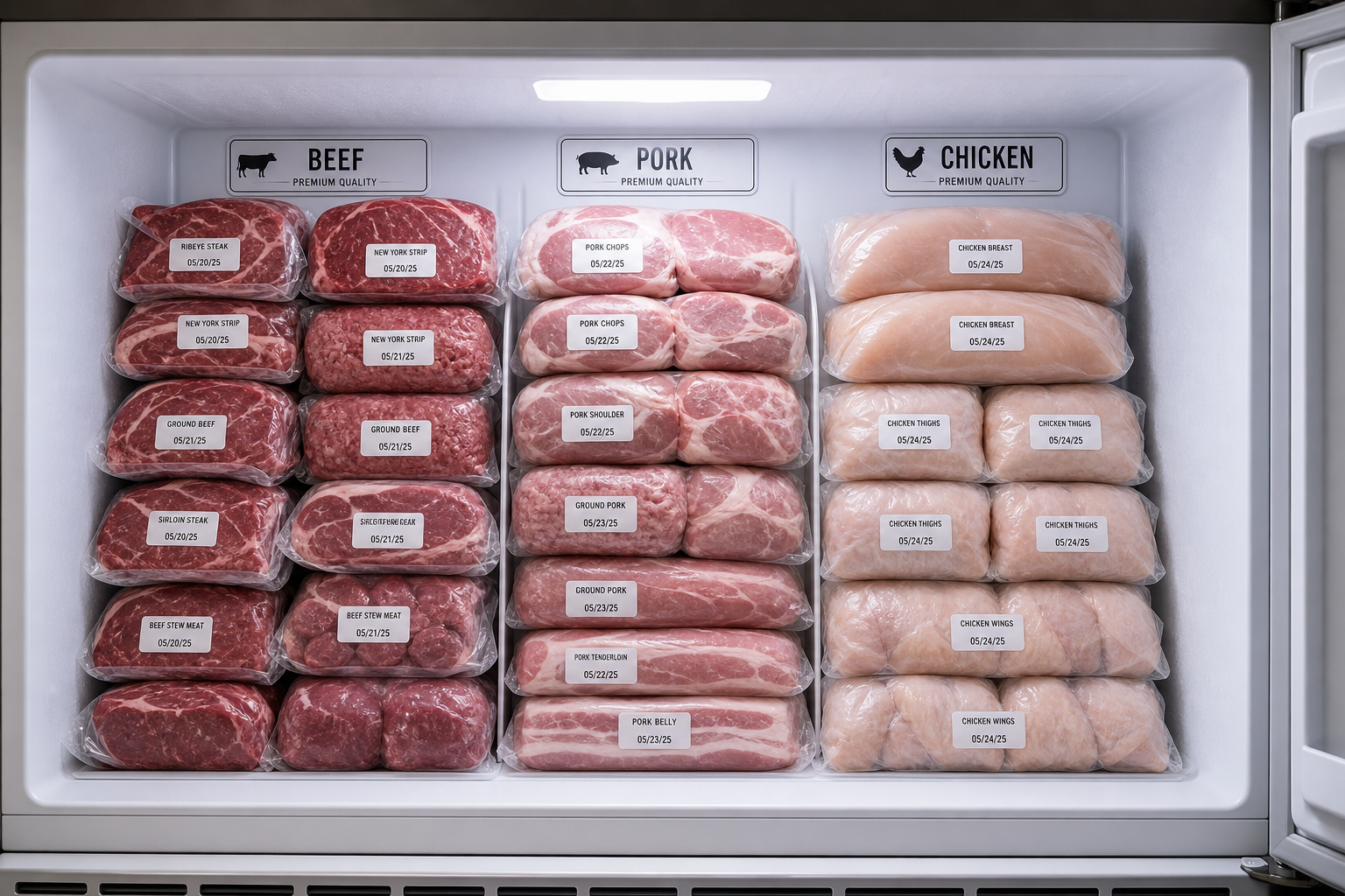 Best Days to Buy Meat: Timing Your Grocery Store Visits 10 Well-organized home freezer filled with labeled meat packages arranged by type