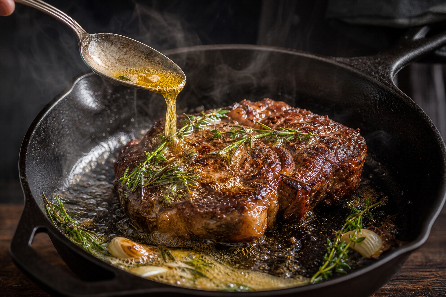 Hand spooning melted herb butter over sizzling ribeye steak in cast iron skillet