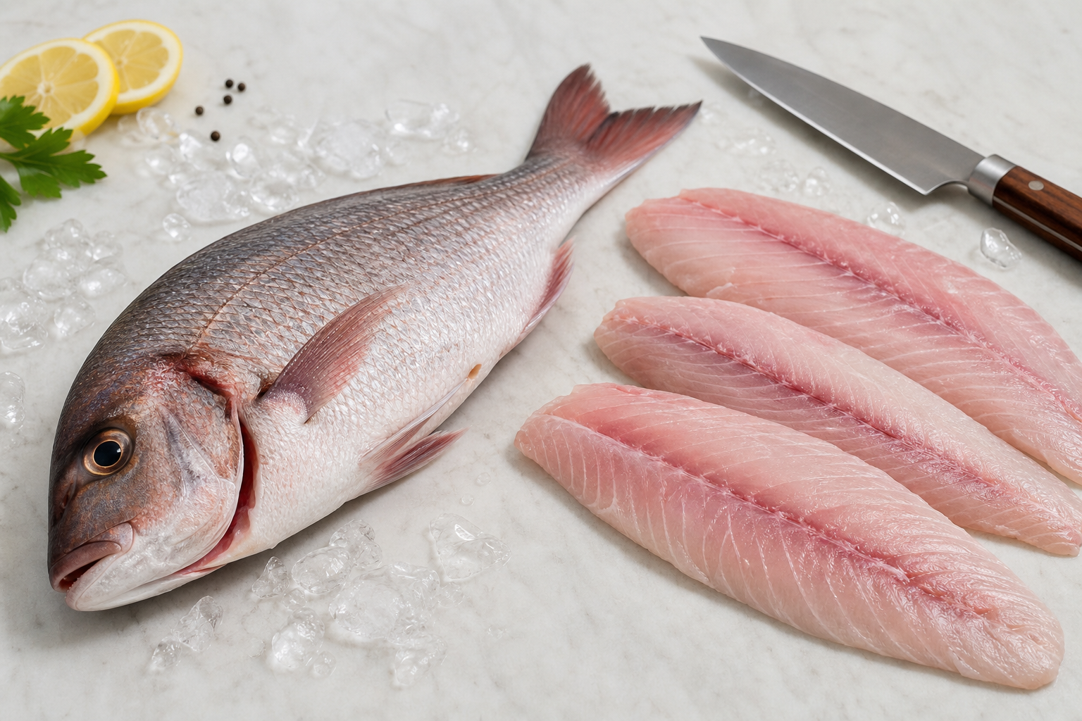 Comparison of whole fresh fish and prepared fillets on a clean cutting surface