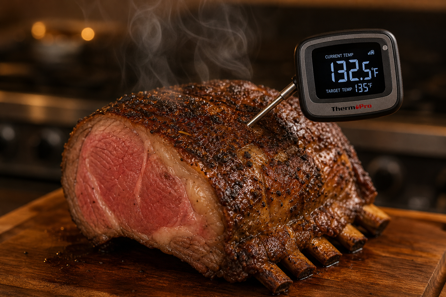 Resting meat with thermometer showing temperature rising during carryover cooking