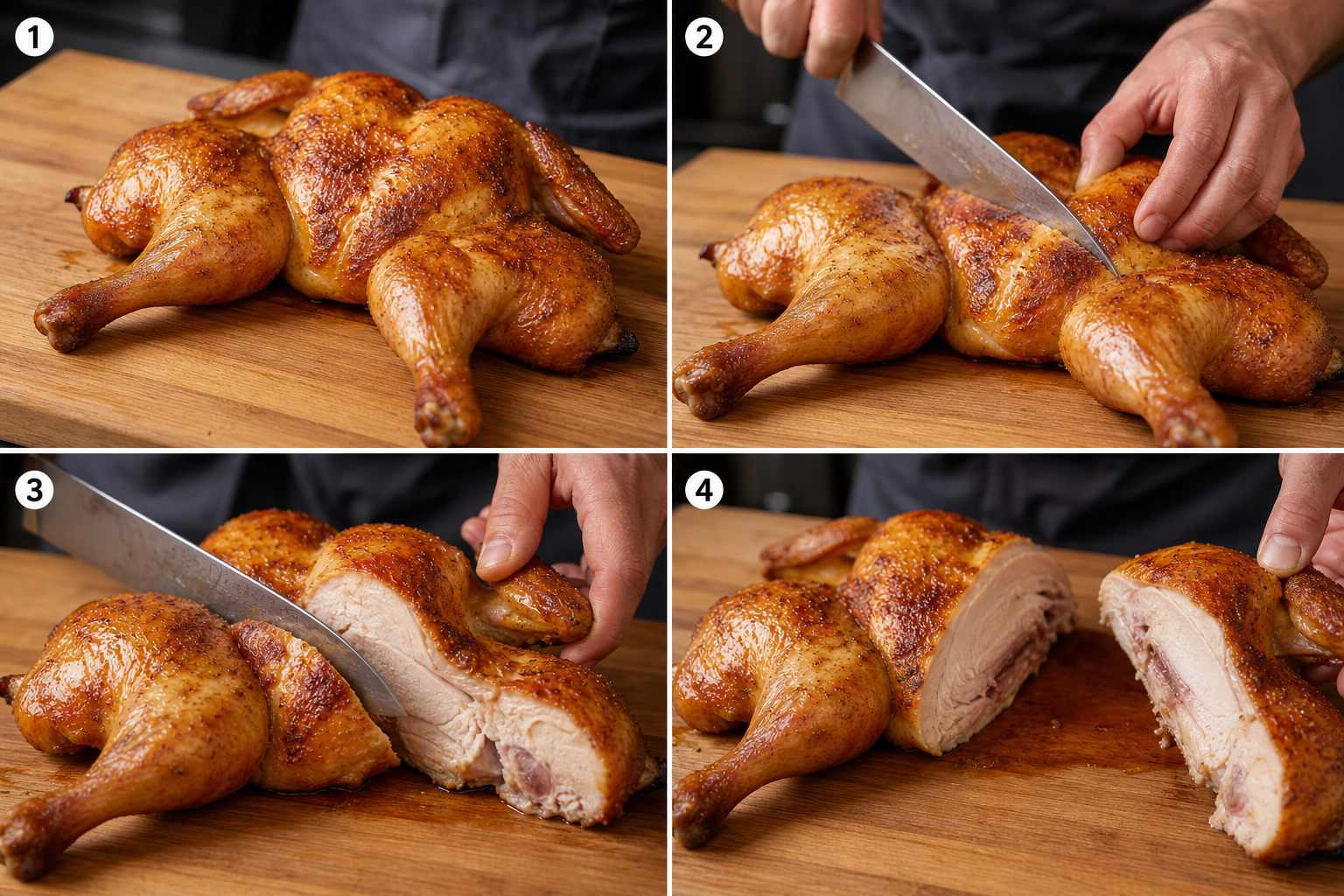 Carving a roasted spatchcocked chicken with a chef's knife