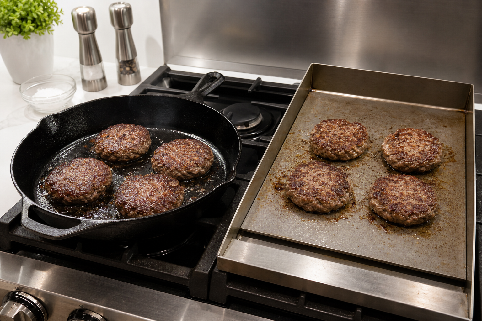 How to Make Perfect Smash Burgers at Home 10 Cast iron skillet and flat griddle side by side, each cooking burger patties