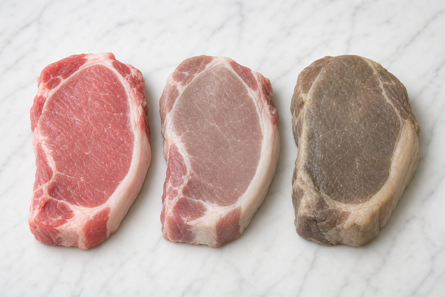 Comparison of fresh pink pork and spoiled gray-brown pork chops showing color differences