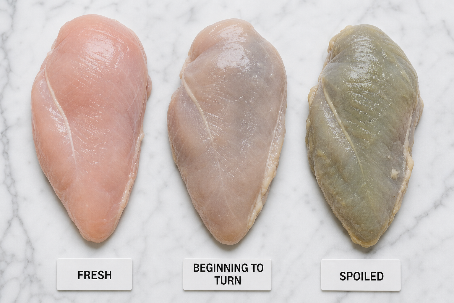 Comparison of fresh pink chicken versus spoiled discolored chicken