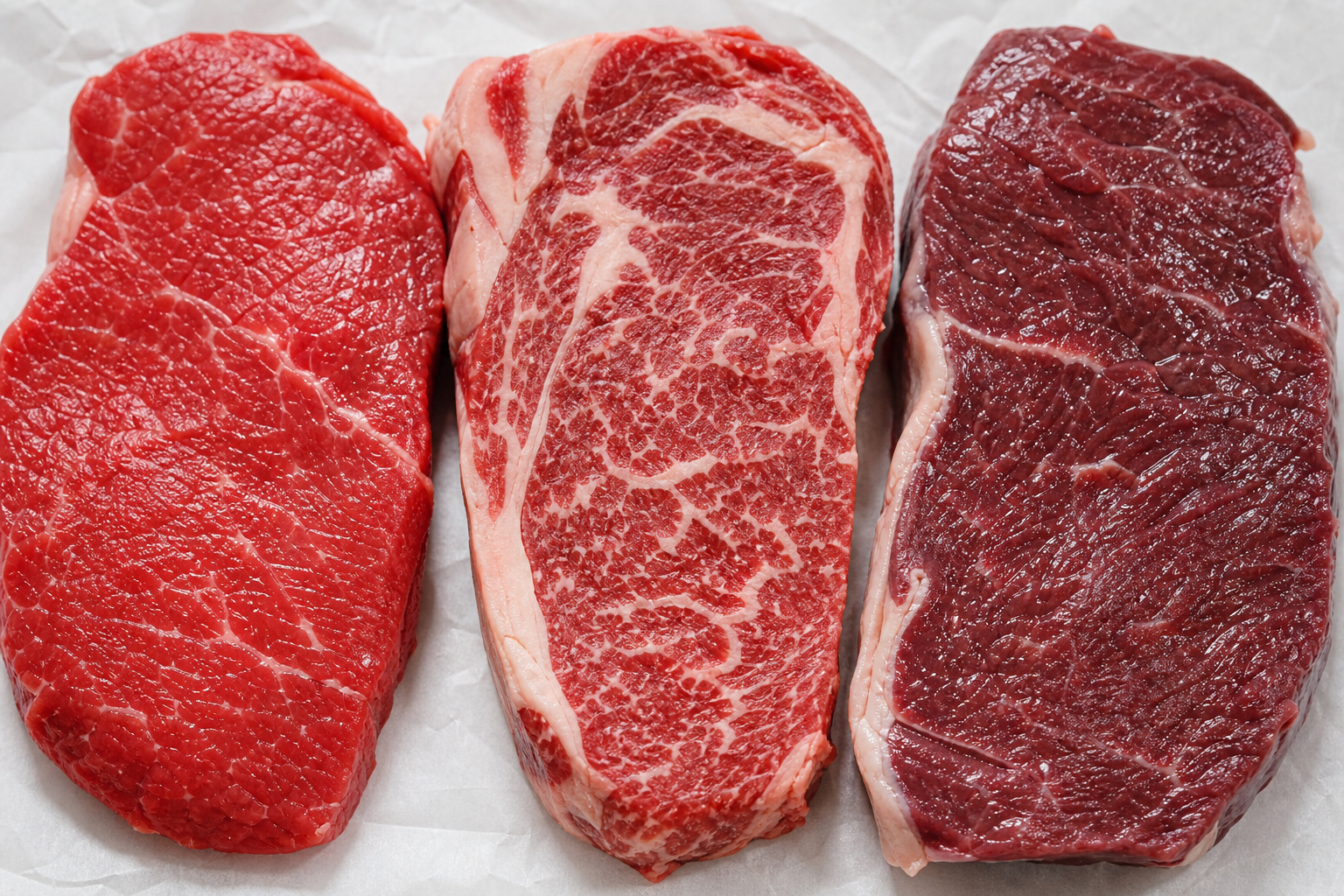 Three raw beef steaks showing different shades of red color on white butcher paper