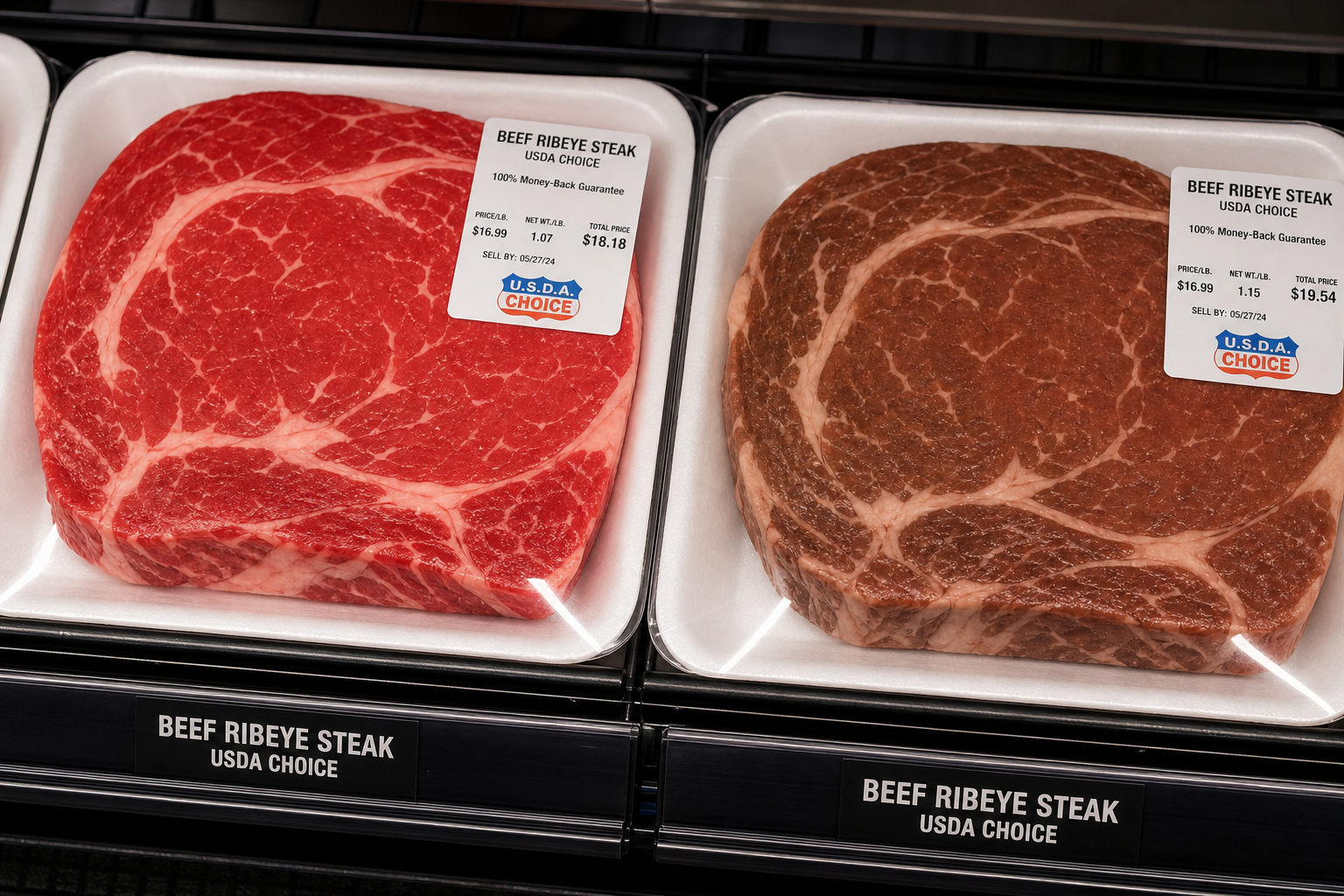 How to Choose the Best Steak at the Grocery Store 7 Comparison of fresh bright red steak versus less fresh brownish steak in store packaging