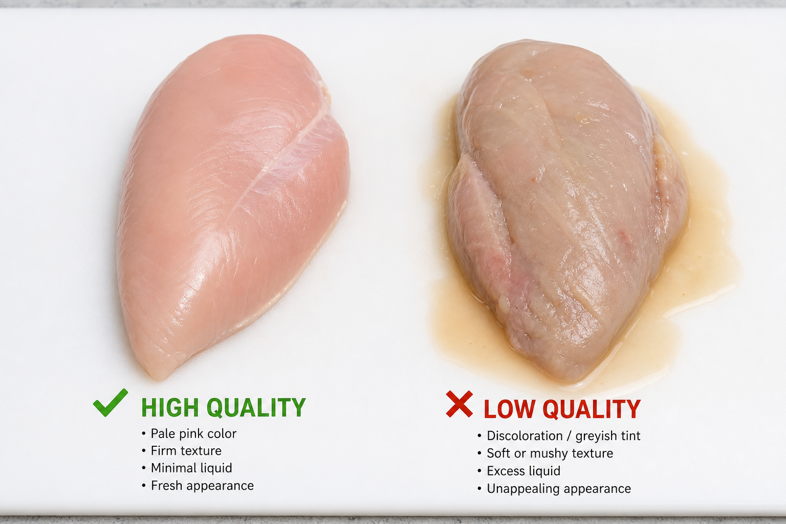 Comparison of fresh versus poor quality chicken breasts showing color and texture differences