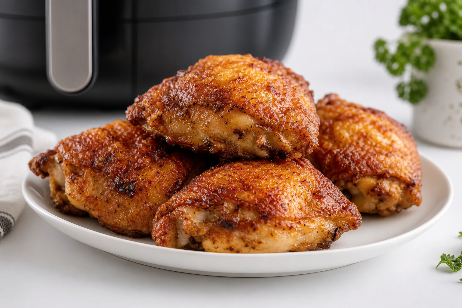 Best Affordable Meat Cuts for Your Air Fryer 6 Crispy golden-brown chicken thighs on a white plate with air fryer in background