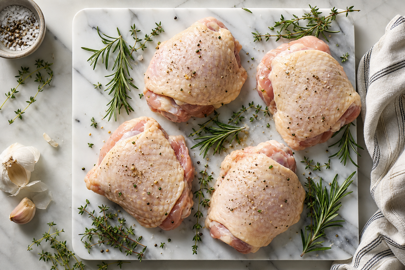 Raw bone-in chicken thighs on marble cutting board with fresh herbs