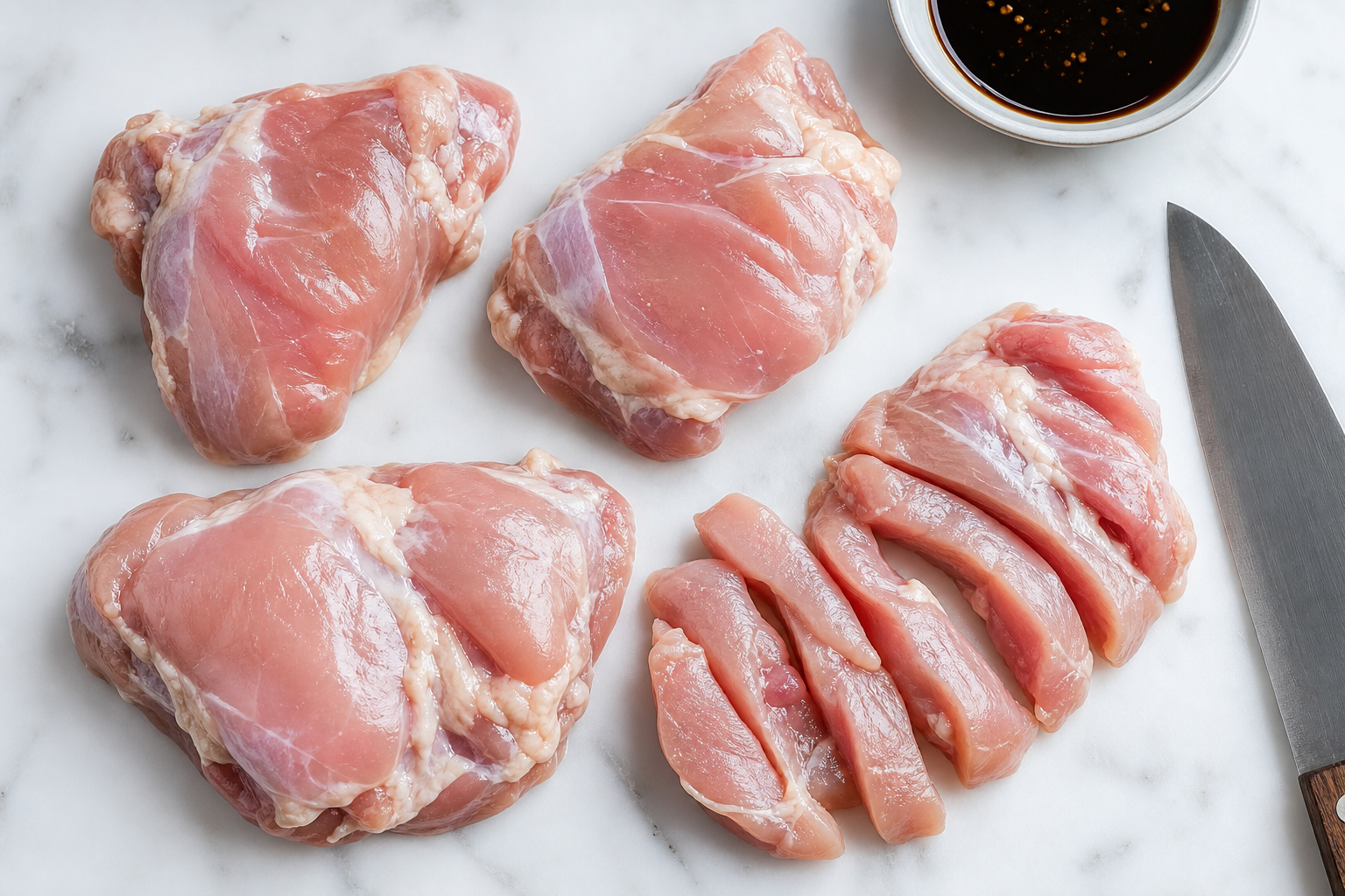 Best Cuts of Meat for Stir-Fry on a Budget 7 Fresh raw chicken thighs on marble surface, one cut into stir-fry strips