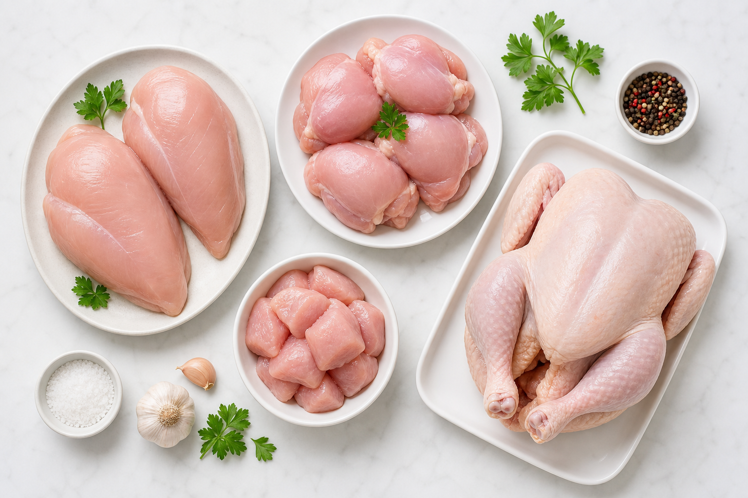 Aldi Meat Quality Review: Is It Worth Buying in? 7 Assorted fresh raw chicken products including breasts, thighs, and whole chicken on white surface