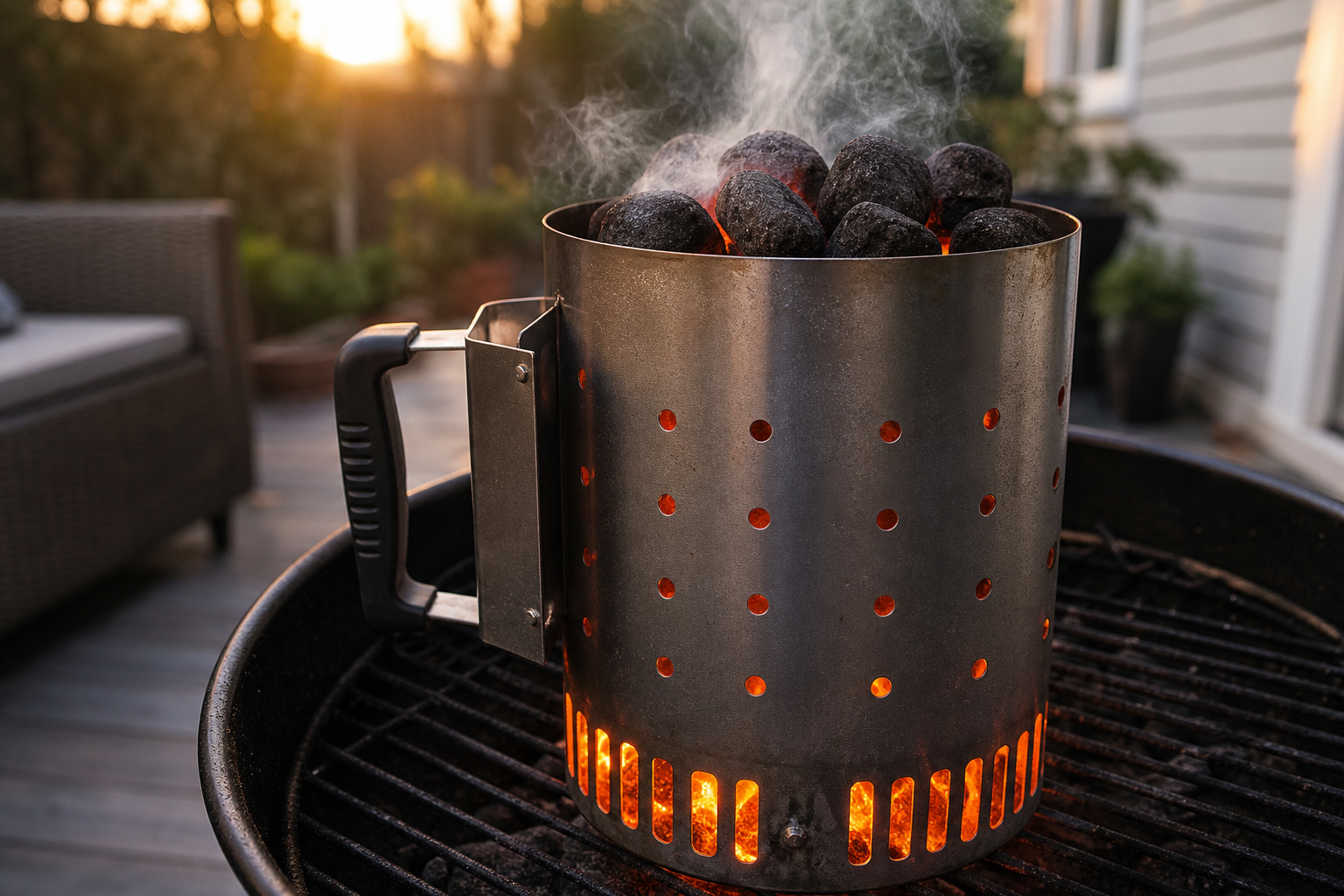Chimney starter with lit charcoal showing flames and glowing coals on a grill