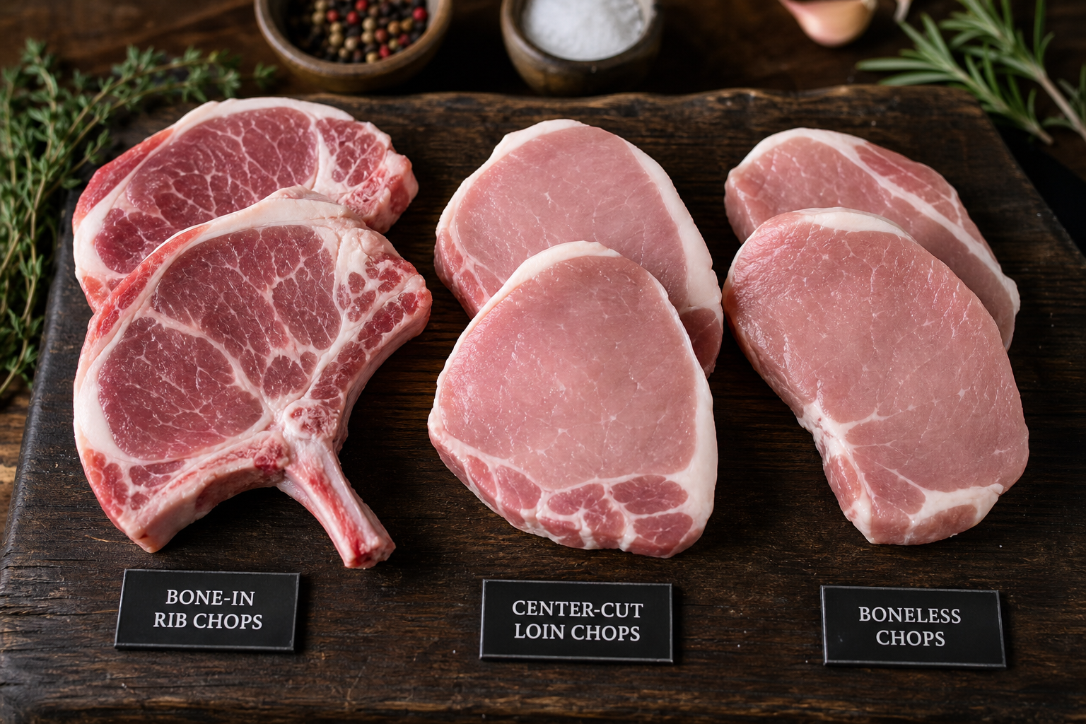 Different types of raw pork chops displayed on a cutting board showing various cuts