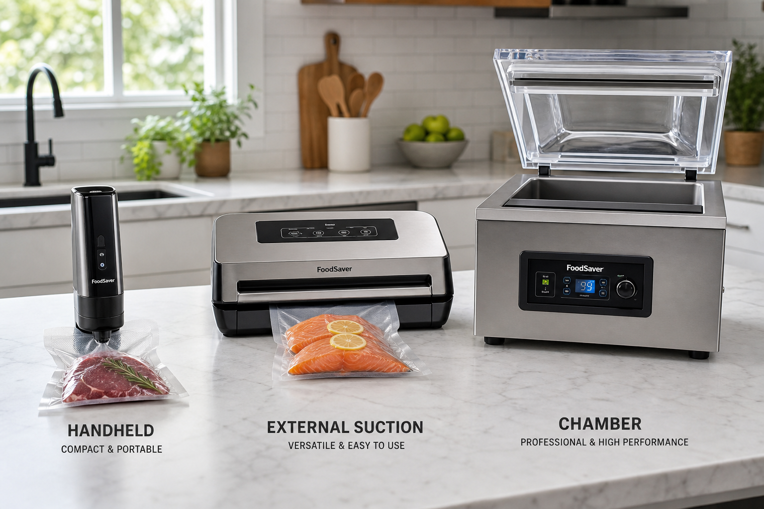 Three different types of vacuum sealers displayed on a kitchen counter