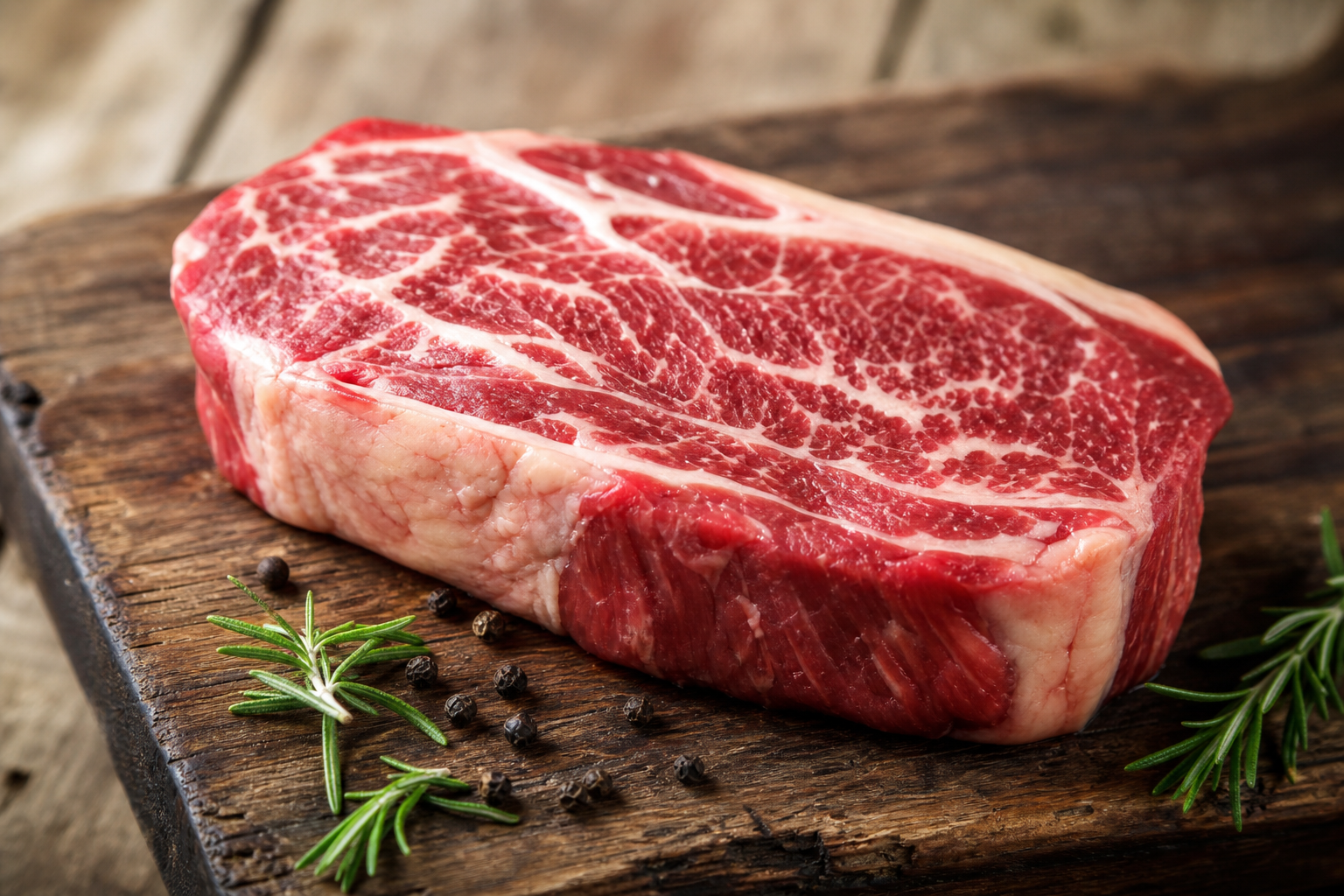 Raw chuck eye steak with marbling on wooden cutting board