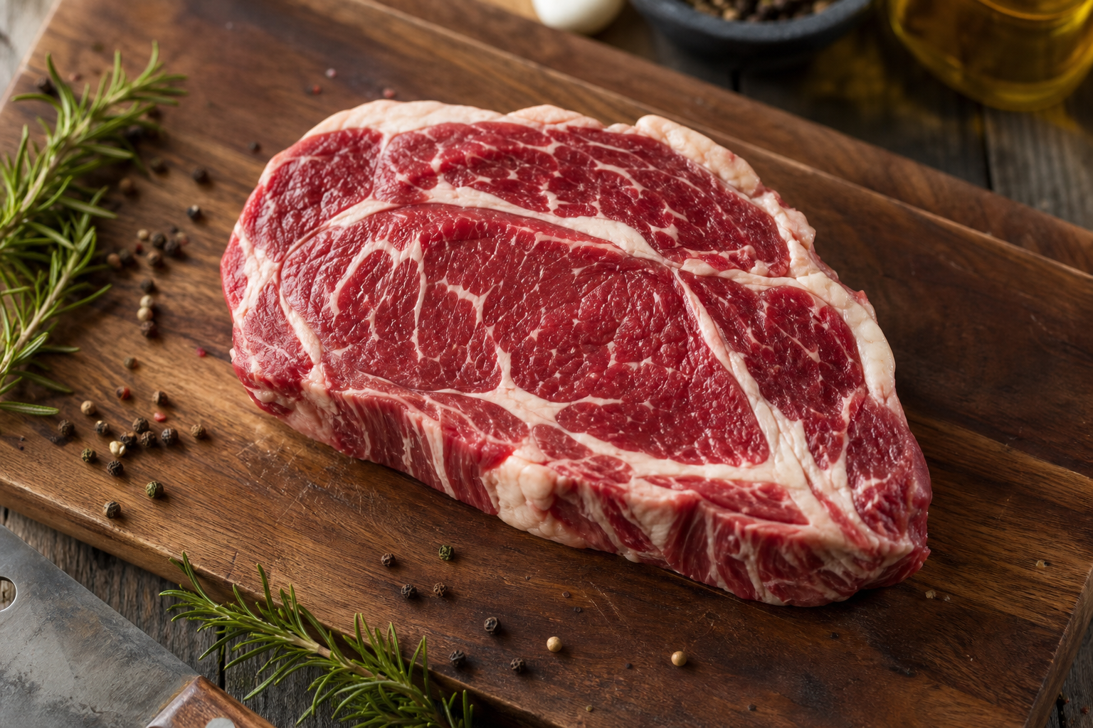 Raw chuck eye steak on wooden cutting board with marbling visible