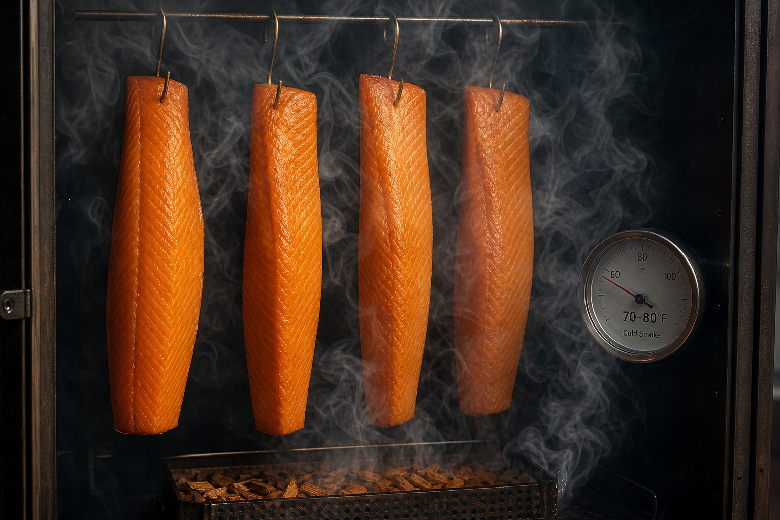Salmon fillets hanging in cold smoker with white smoke circulating