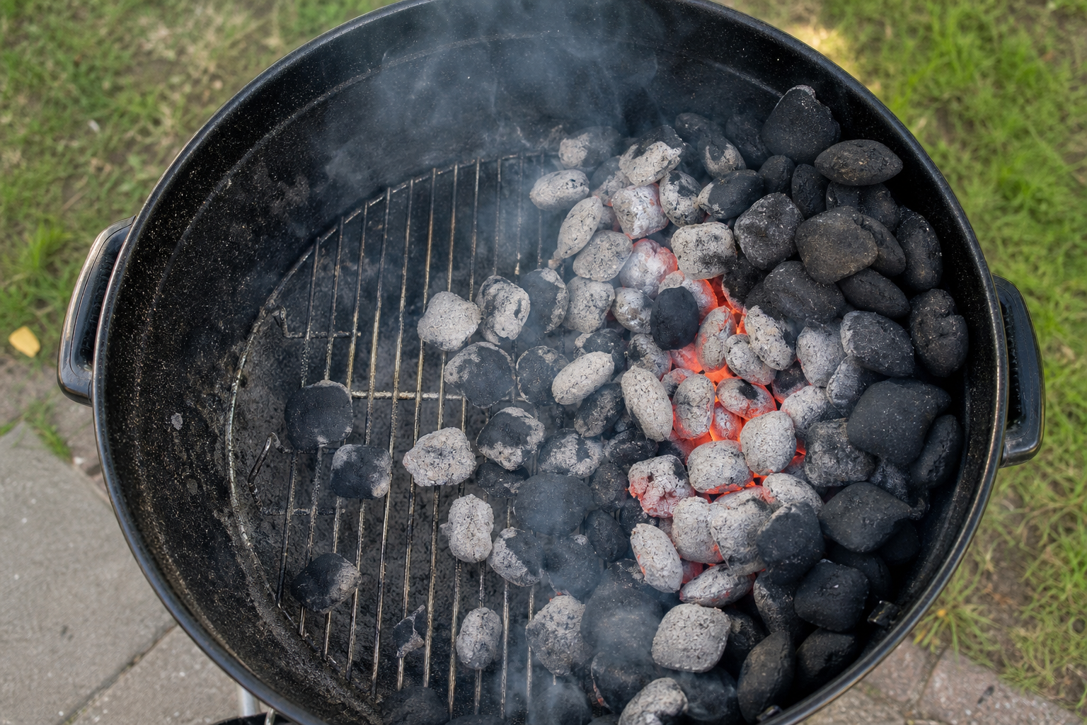 Charcoal grill showing common mistakes like uneven charcoal distribution and inconsistent lighting