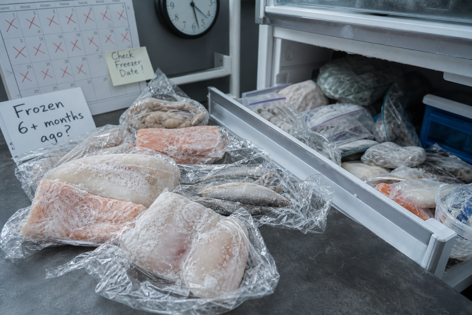 How to Freeze Seafood Correctly: Fish, Shrimp, Salmon & Scallops 10 Improperly wrapped and stored seafood showing common freezing mistakes